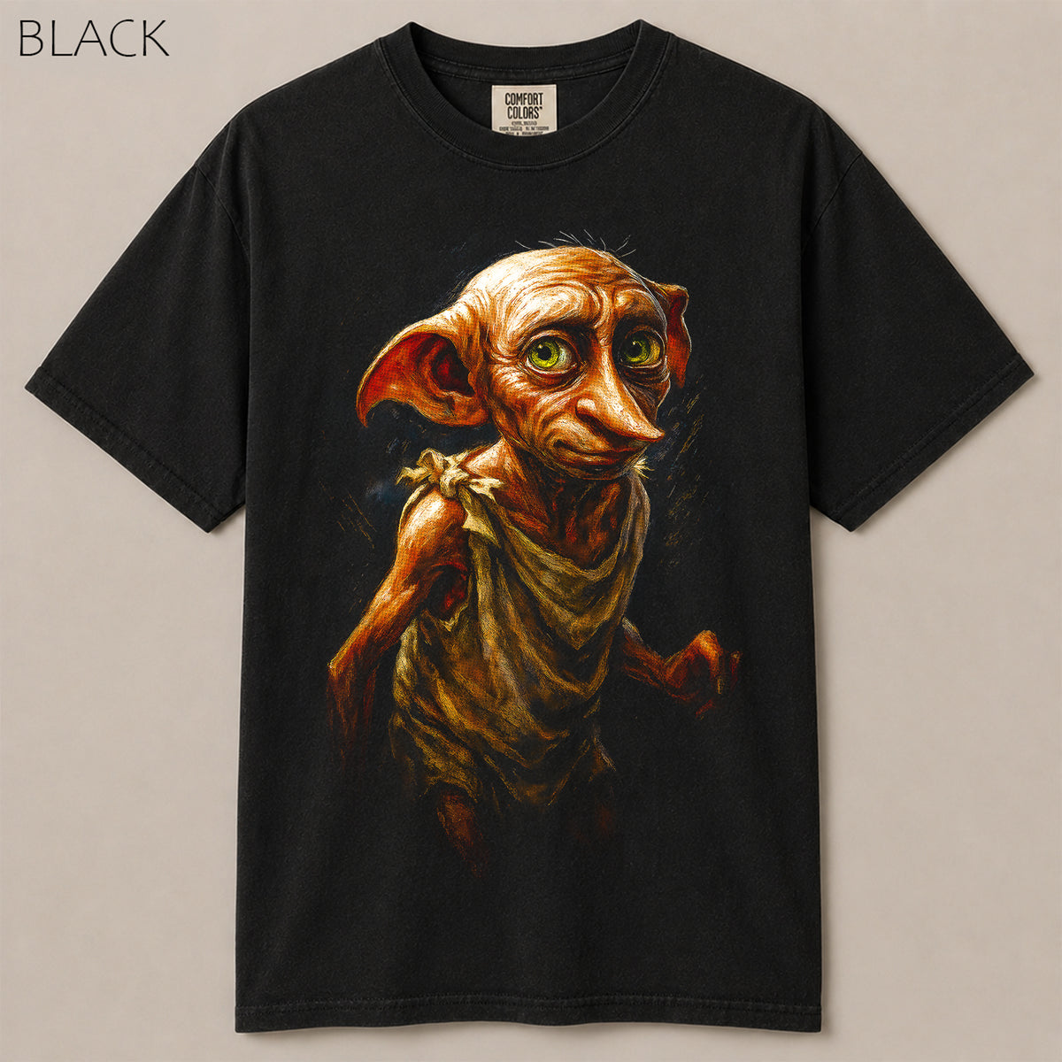  Hogwarts Dobby house elf shirt. Artistic fantasy elf with green eyes and pillowcase robe, magical wizard tee on soft garment-dyed black cotton.

dobby shirt, house elf tee, hogwarts fantasy shirt, wizard elf shirt, dobby graphic tee, fantasy house elf shirt, hogwarts shirt black, wizarding world tee, cute dobby shirt, magic elf graphic tee, black dobby shirt