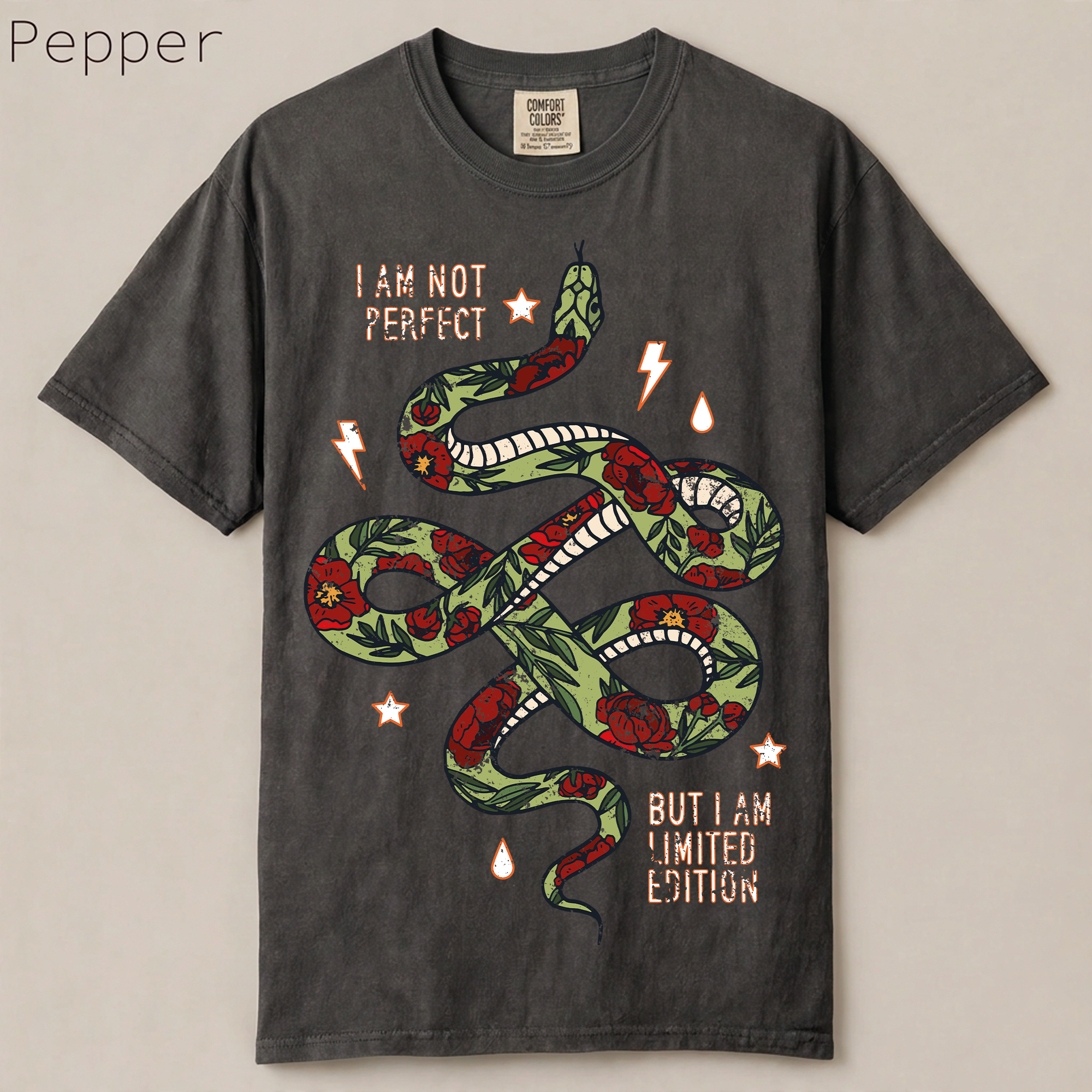 I Am Not Perfect But I Am Limited Edition snake shirt. Vintage floral snake graphic with self love quote, aesthetic cottagecore tee on soft garment-dyed cotton.