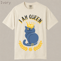 I Am Queen crown cat shirt. Cute blue queen cat with gold crown and yarn ball, funny cat lady empowerment tee on soft garment-dyed cotton.