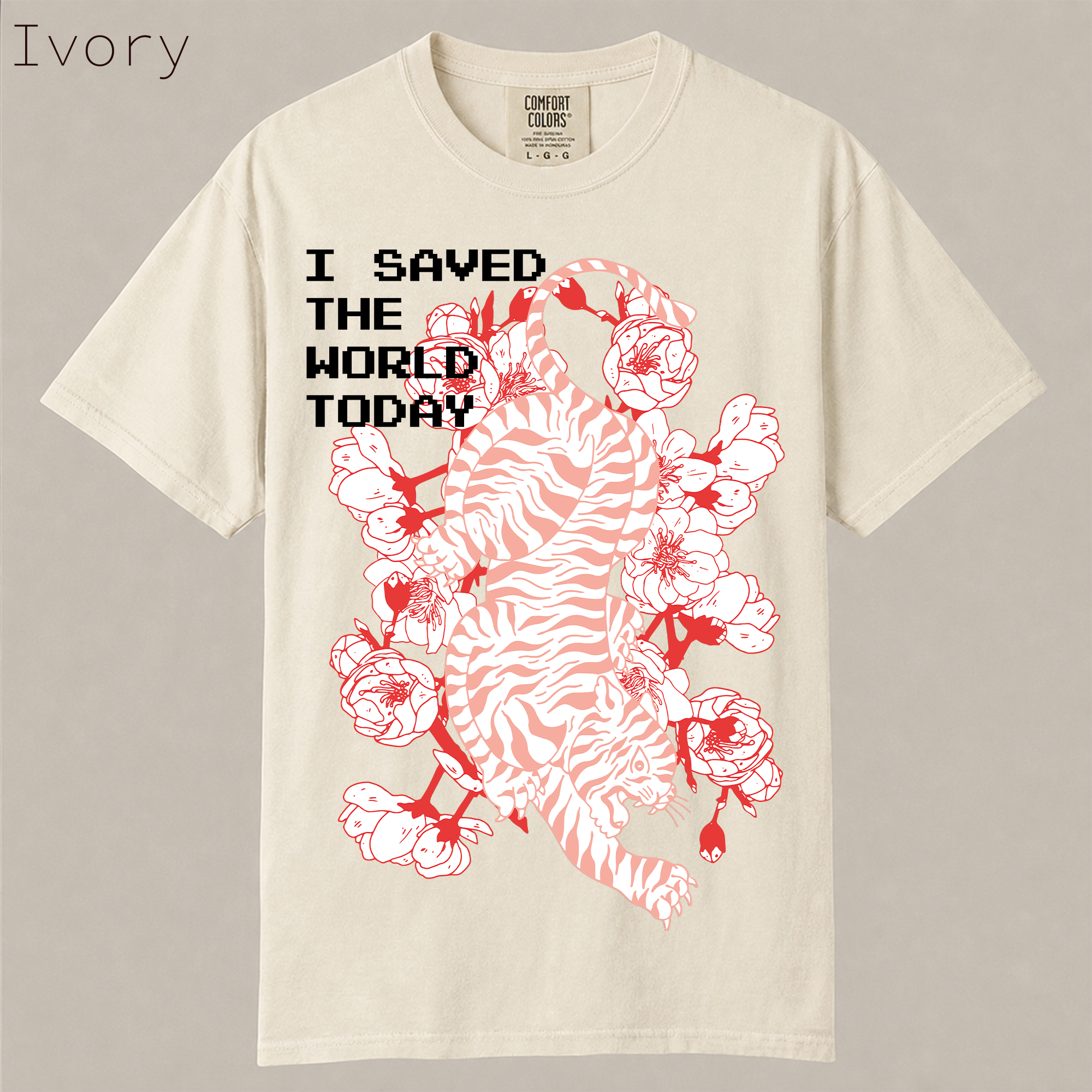 Shop I Saved The World Today tiger shirt. Japanese climbing tiger with red cherry blossoms, aesthetic floral graphic tee on soft garment-dyed cotton.