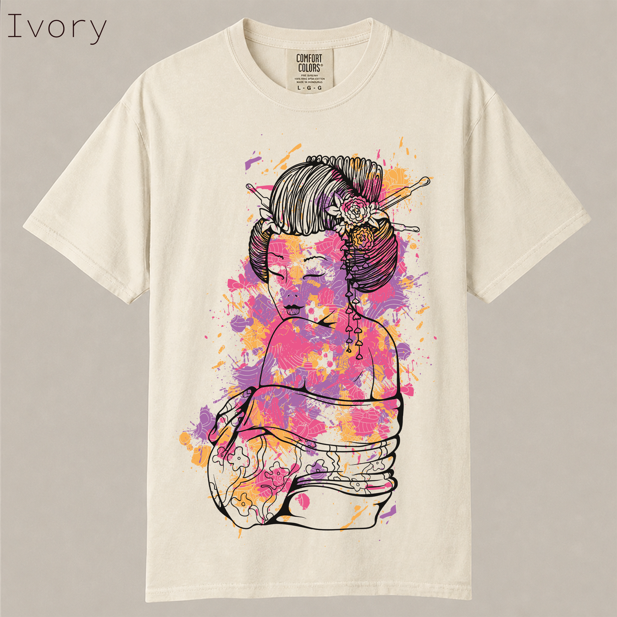 Japanese Geisha watercolor splash shirt. Artistic geisha line art with pink purple paint splatter, aesthetic Japanese culture tee on soft garment-dyed cotton.
