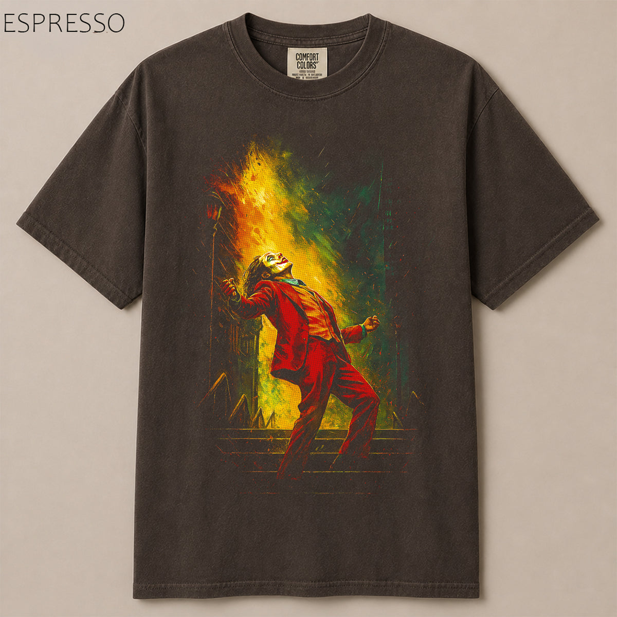 Joker Stairs Dance Red Suit Movie Graphic Tee - Gotham City