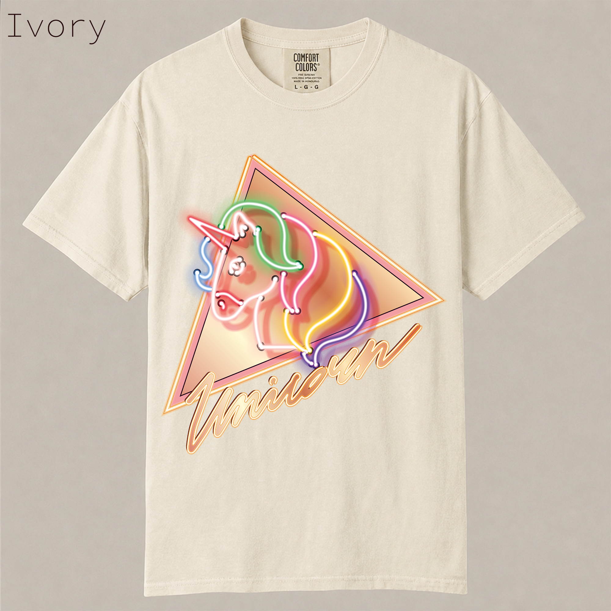 Neon Unicorn retro 80s shirt. Glowing unicorn neon sign graphic in triangle frame, vaporwave aesthetic tee on soft garment-dyed cotton.