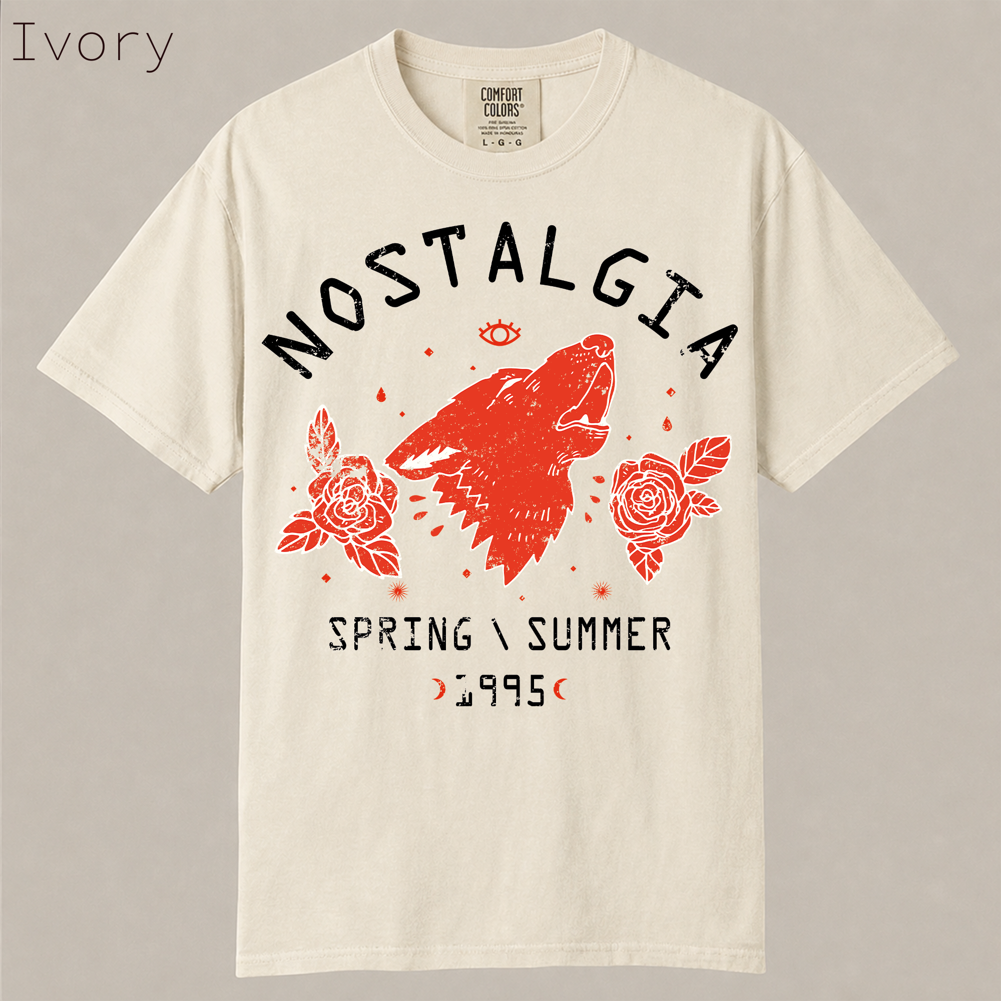 Nostalgia wolf rose shirt. Vintage red howling wolf with roses, Spring Summer 1995 retro graphic tee on soft garment-dyed cotton.