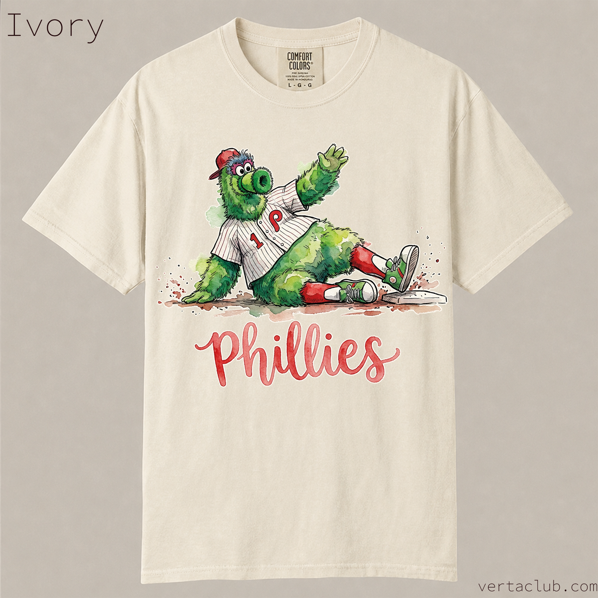 Philadelphia Phillies mascot watercolor shirt. Cute green mascot sliding into base, Phillies script baseball fan tee on soft garment-dyed cotton.