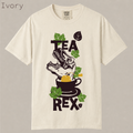 Funny Tea Rex dinosaur shirt. T-Rex in teacup with tea leaves graphic, hilarious tea pun tee for dinosaur and tea lovers on soft garment-dyed cotton.