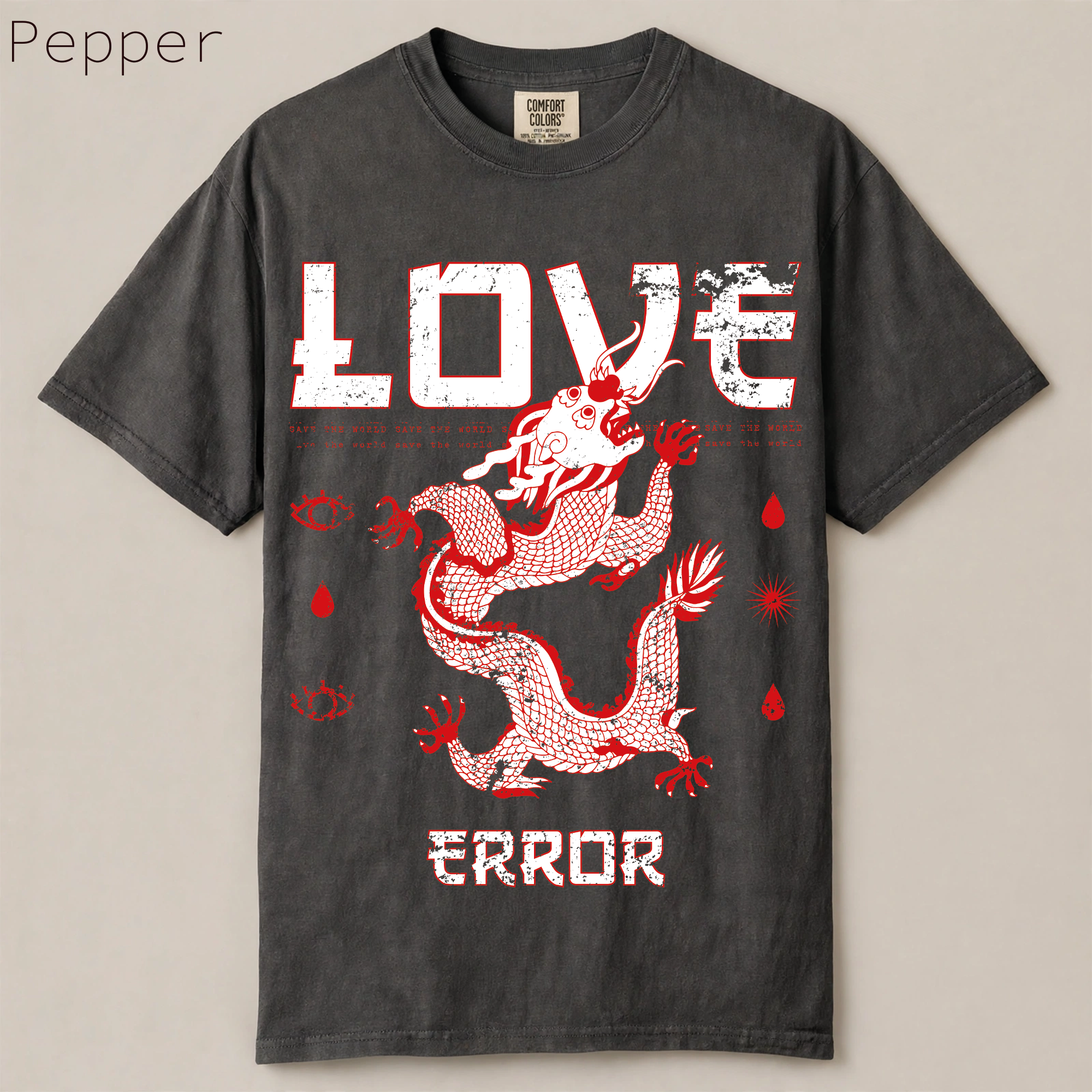 Shop Love Error Dragon Shirt. Retro Japanese dragon graphic tee with streetwear aesthetic. Premium garment-dyed cotton, relaxed fit. Perfect anime streetwear gift