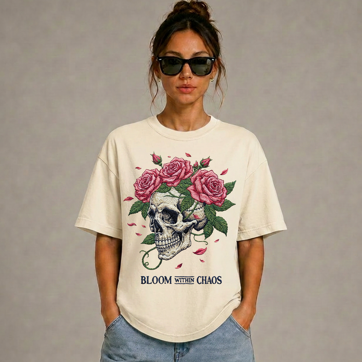 Bloom Within Chaos Embroidered Look T-Shirt