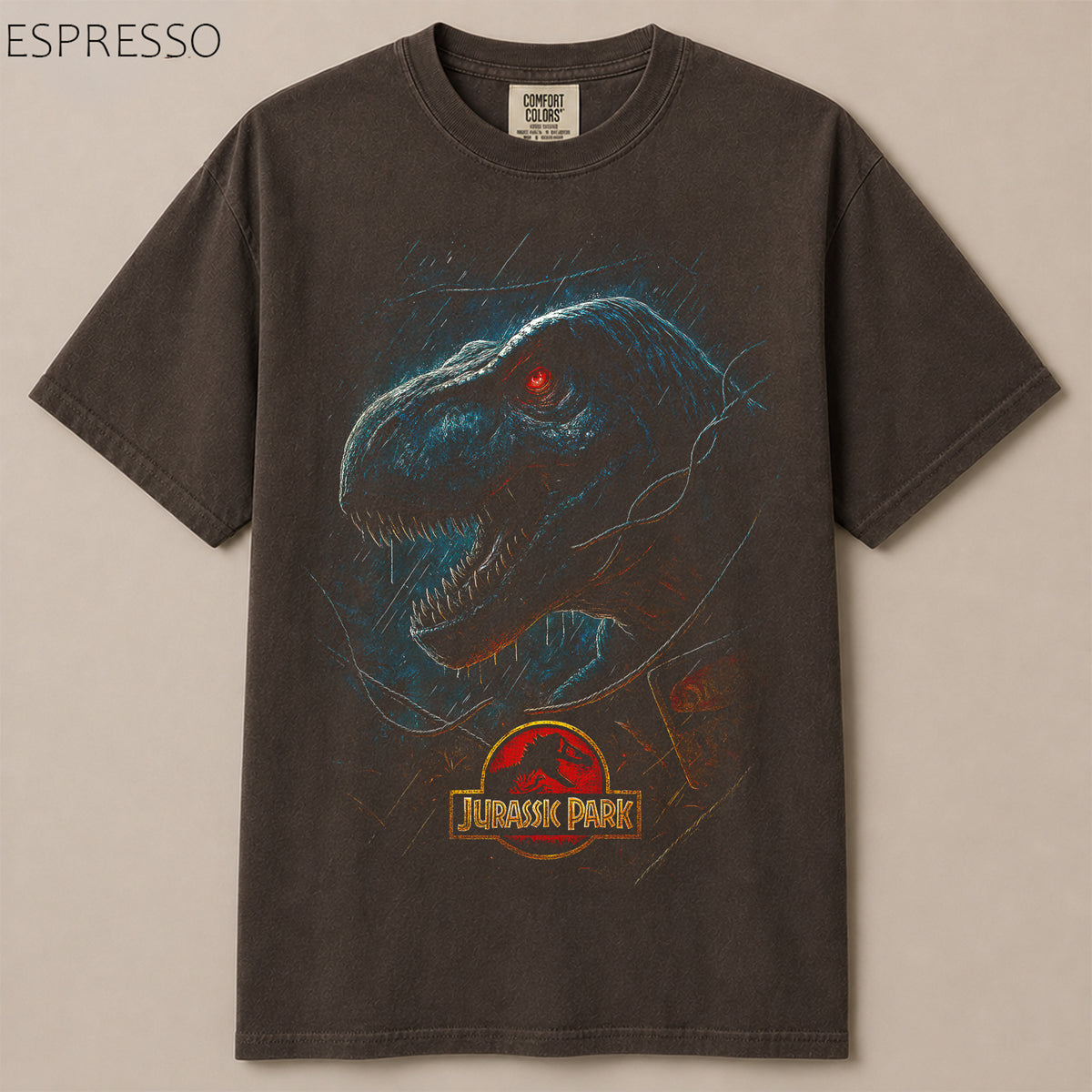 T-Rex Red Eye Rain Night Jurassic Graphic Tee