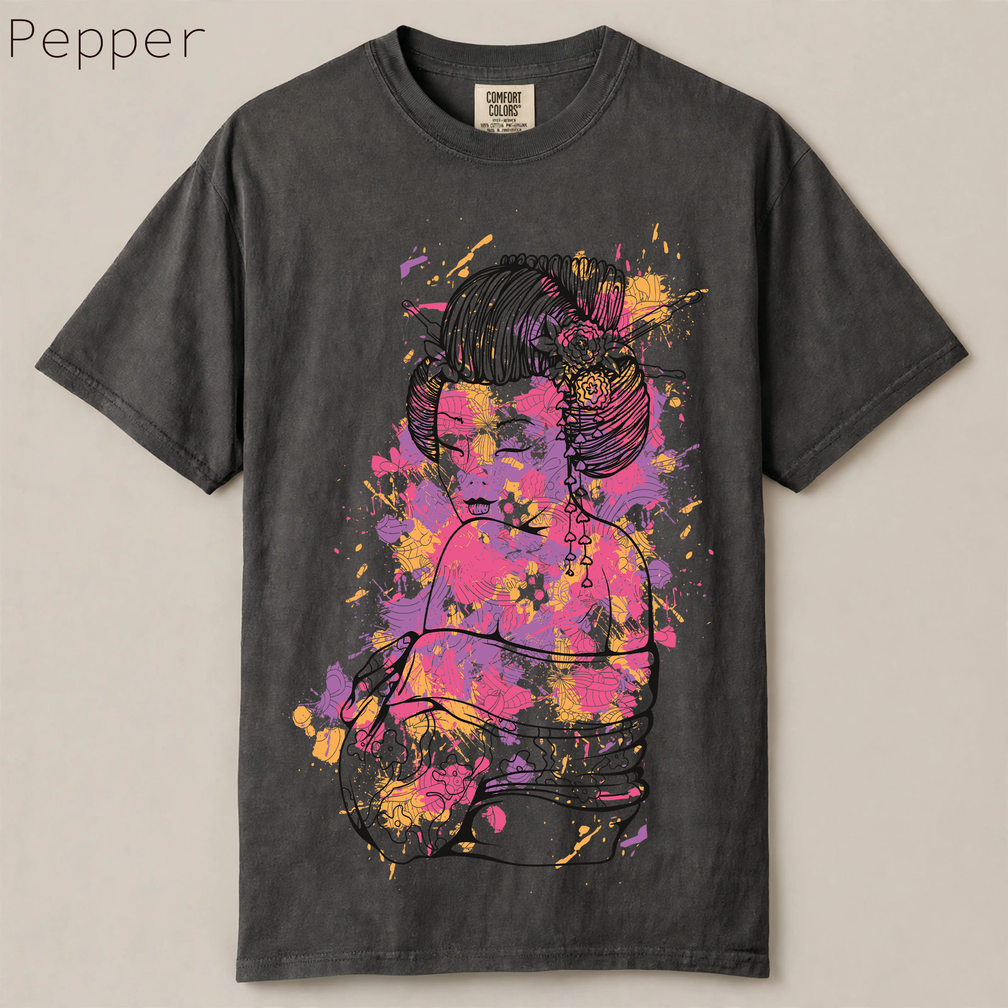 Japanese Geisha Watercolor Splash Graphic Tee