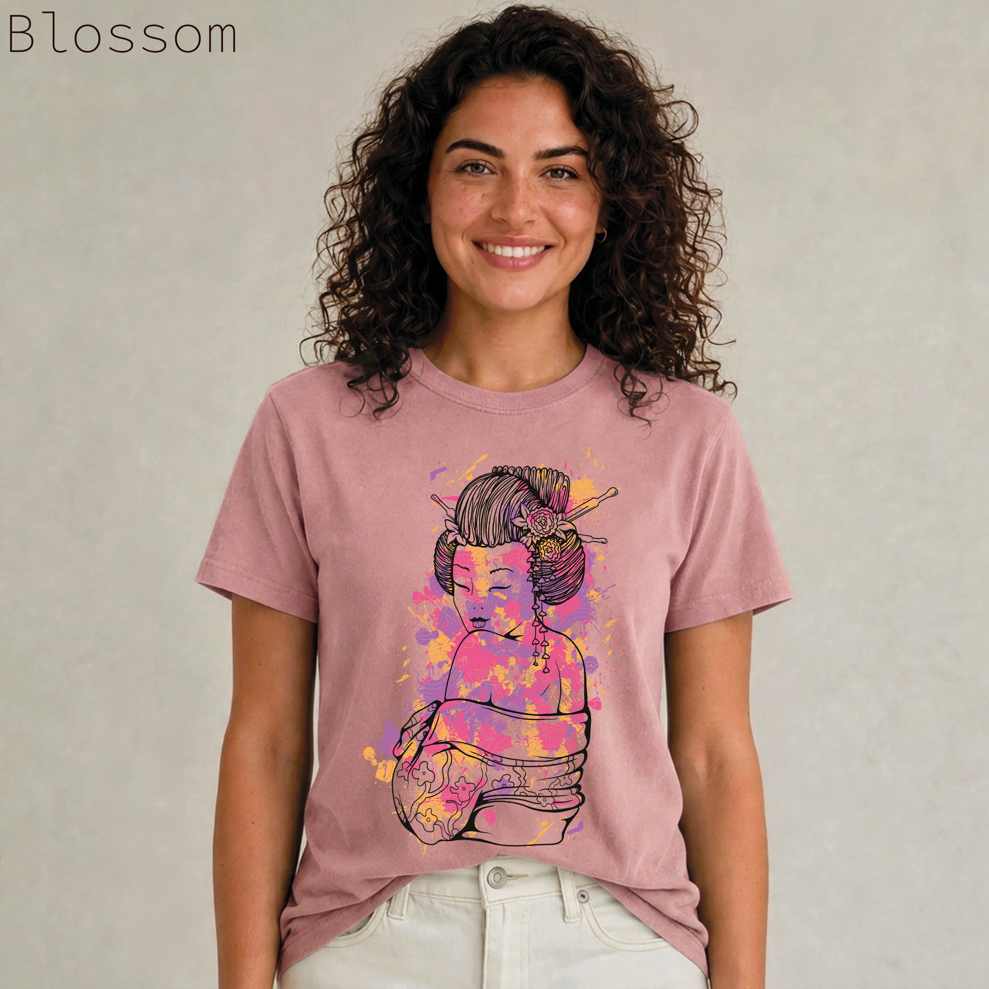 Japanese Geisha Watercolor Splash Graphic Tee